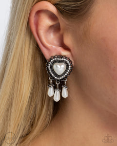 Sumptuous Story - White Clip-On Earrings - Paparazzi Accessories