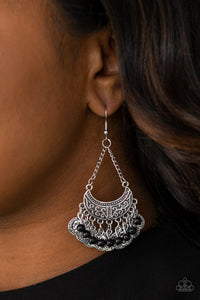 Crescent Moon Earrings with Black and Silver Beaded Fringe
