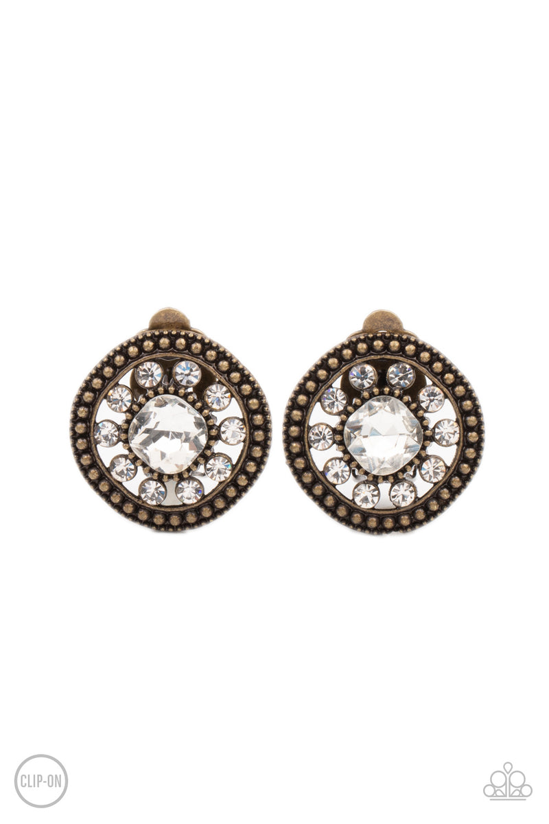 Dazzling Definition - Brass Clip-On Earrings - Paparazzi Accessories ...