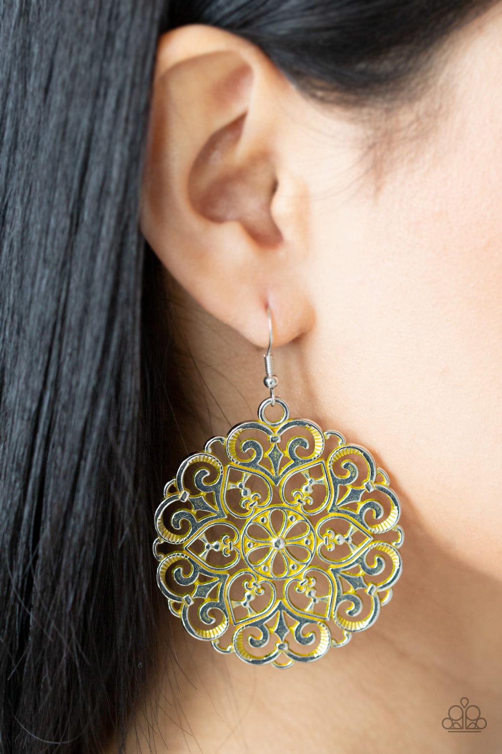 MANDALA Effect Yellow Earrings Paparazzi Accessories Bedazzle Me Pretty Mobile Fashion Boutique
