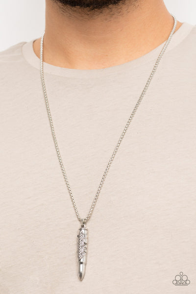 Mysterious Marksman Silver Mens Necklace Paparazzi Accessories Bedazzle Me Pretty Mobile Fashion Boutique